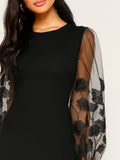 SHEIN Embroidery Mesh Insert Bishop Sleeve Fitted Dress