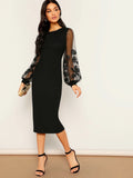 SHEIN Embroidery Mesh Insert Bishop Sleeve Fitted Dress