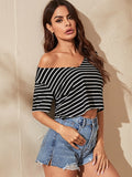 SHEIN EZwear V-neck Striped Crop Tee