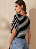 SHEIN EZwear V-neck Striped Crop Tee