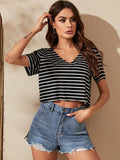 SHEIN EZwear V-neck Striped Crop Tee