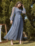 SHEIN Modely Dobby Mesh Bishop Sleeve Belted Maxi Dress