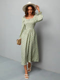 SHEIN VCAY Ditsy Floral Shirred Flounce Sleeve A-line Dress