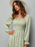 SHEIN VCAY Ditsy Floral Shirred Flounce Sleeve A-line Dress