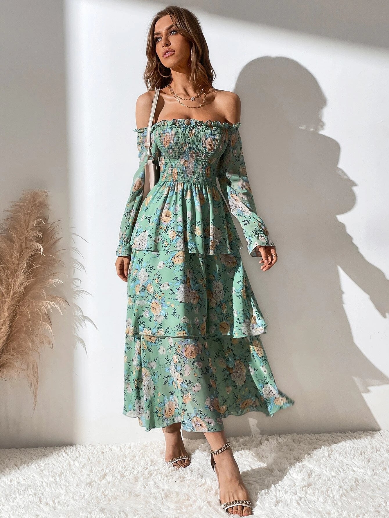 SHEIN Mulvari Allover Floral Print Off The Shoulder Shirred Layered Hem Dress