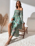 SHEIN Mulvari Allover Floral Print Off The Shoulder Shirred Layered Hem Dress