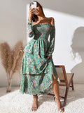 SHEIN Mulvari Allover Floral Print Off The Shoulder Shirred Layered Hem Dress