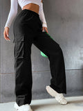 SHEIN EZwear Solid High Waist Flap Pocket Cargo Pants