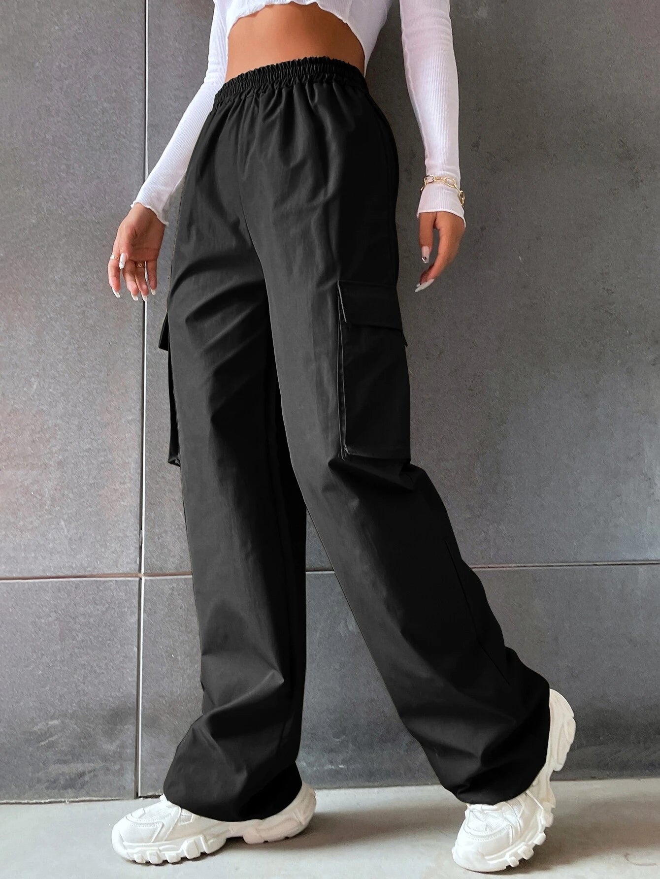 SHEIN EZwear Solid High Waist Flap Pocket Cargo Pants