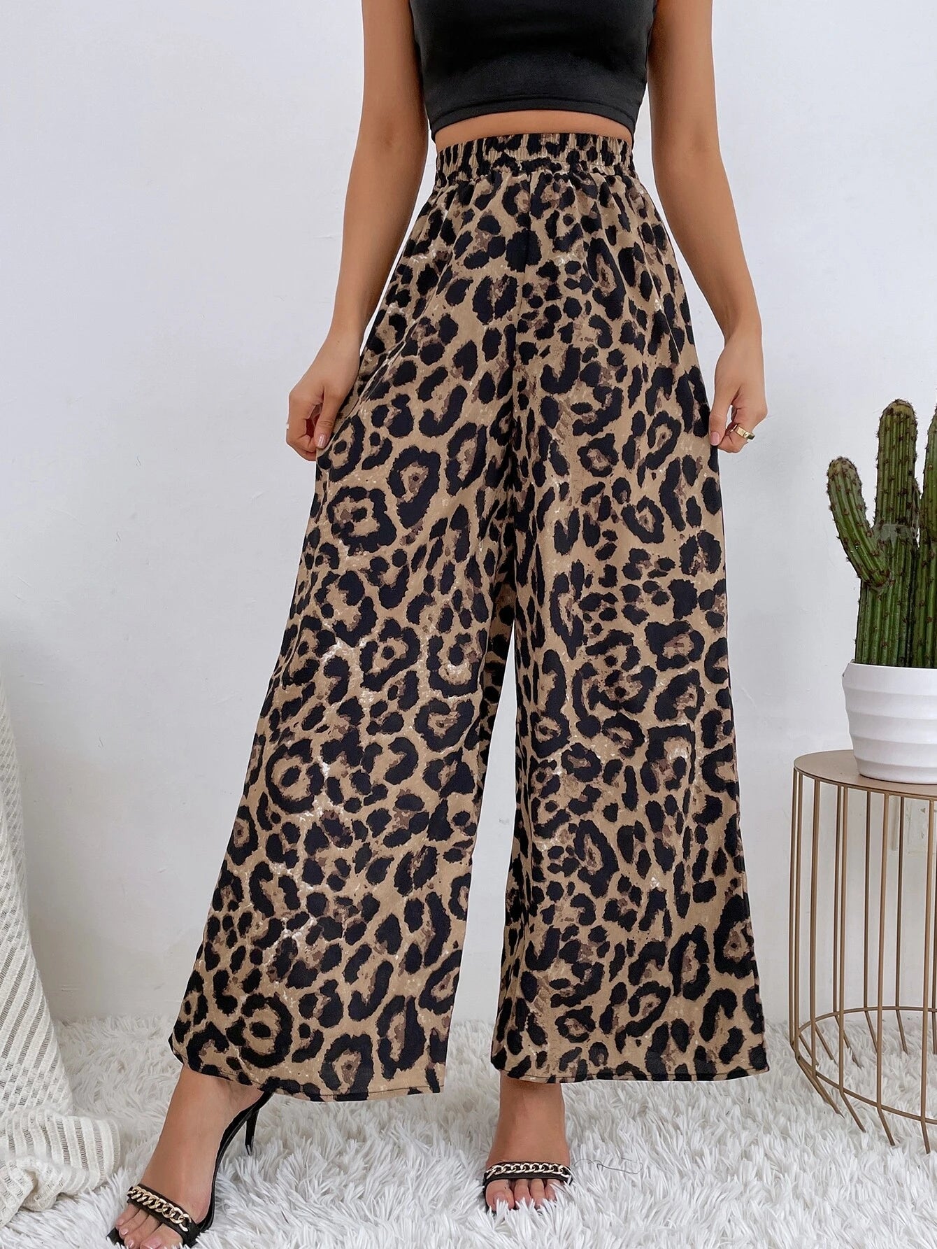 SHEIN VCAY Leopard Print Wide Leg Pants