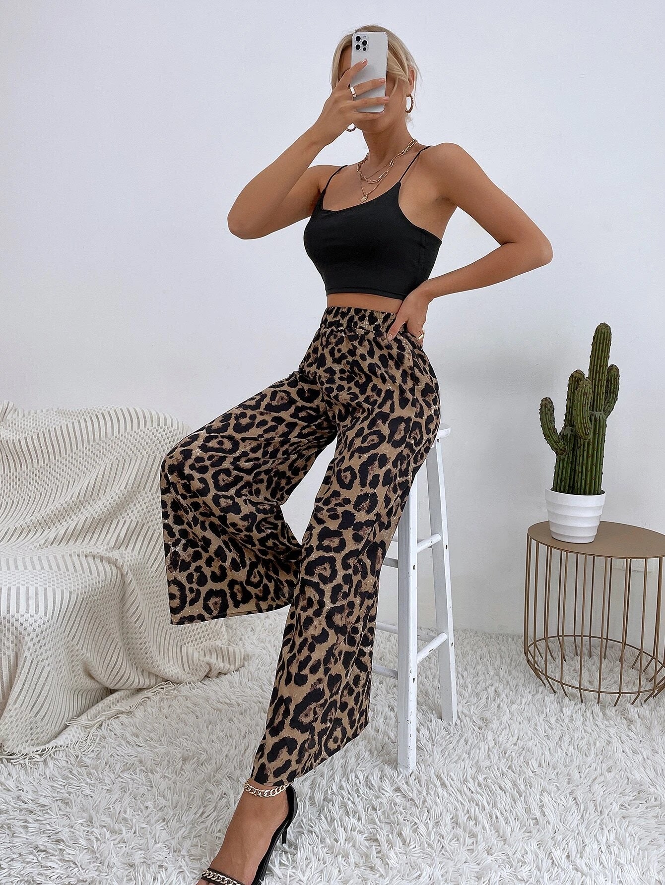 SHEIN VCAY Leopard Print Wide Leg Pants