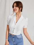 SHEIN EZwear Lapel Collar Puff Sleeve Button Up Blouse