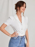 SHEIN EZwear Lapel Collar Puff Sleeve Button Up Blouse