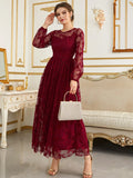 SHEIN Modely Butterfly Embroidery Mesh Lantern Sleeve Dress