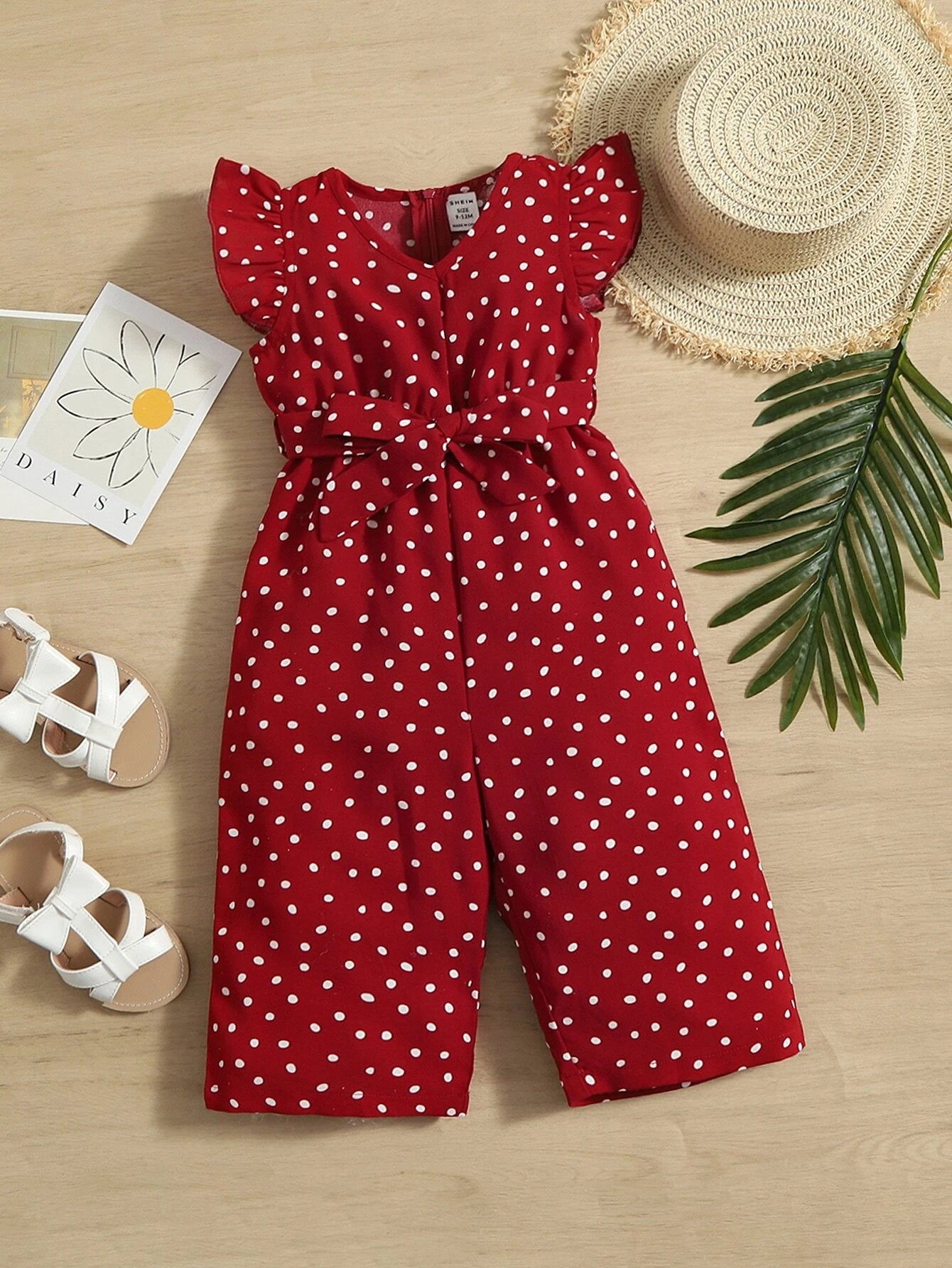 SHEIN Baby Polka Dot Ruffle Sleeve Belted Jumpsuit