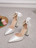 SHEIN Faux Pearl Decor Point Toe Chunky Heeled Satin Ankle Strap Pumps