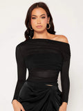 SHEIN Unity Asymmetrical Neck Ruched Mesh Top