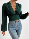 SHEIN Frenchy Contrast Lace Lantern Sleeve Crop Top