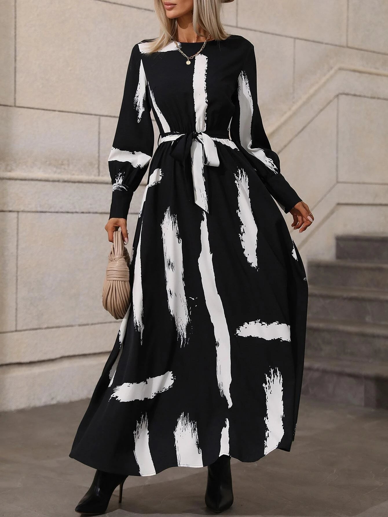 SHEIN Graphic Print Belted Maxi Dress