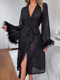 SHEIN Fuzzy Cuff Belted Mesh Sleep Robe Without Lingerie