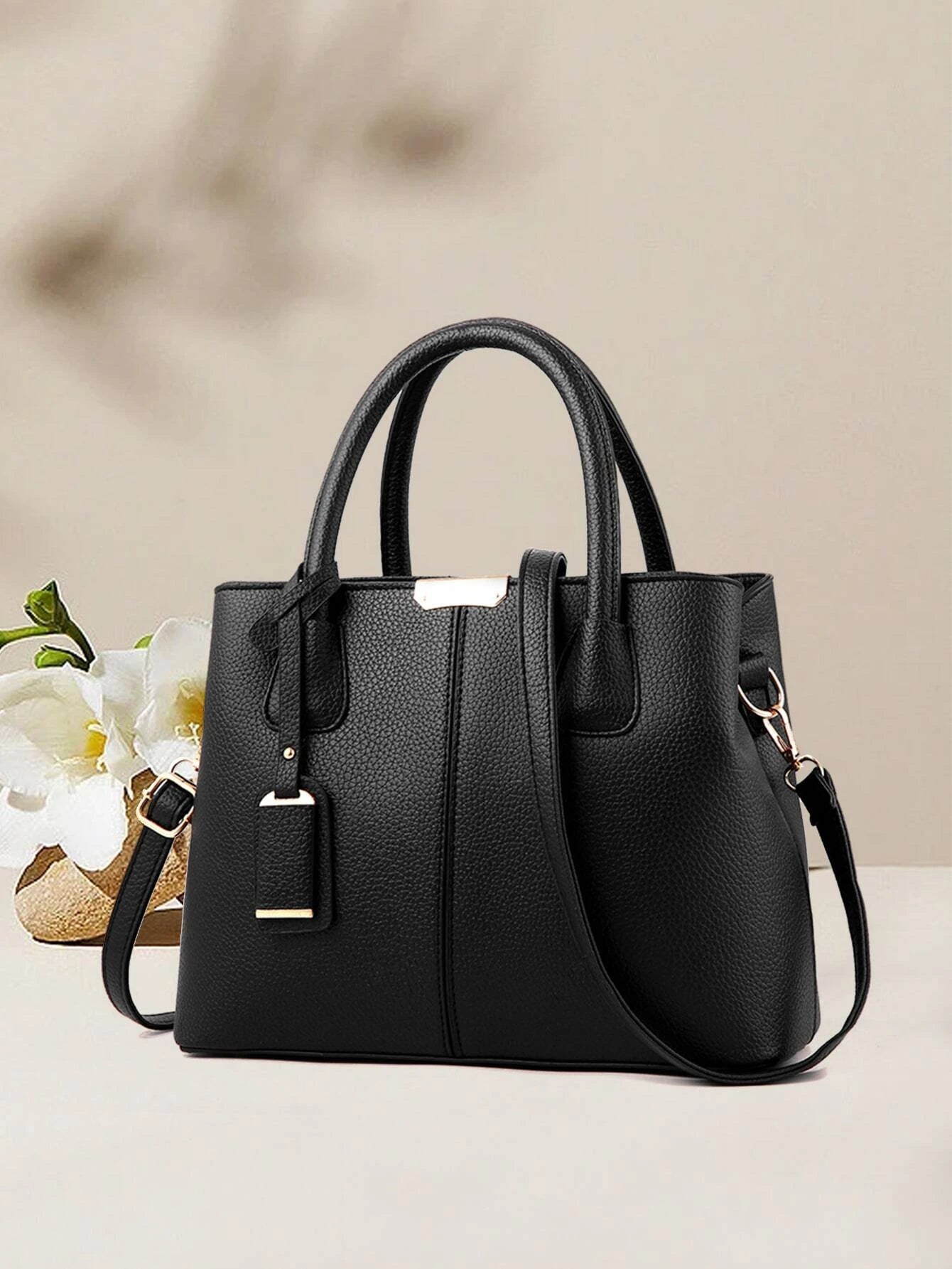 SHEIN Simple Artificial Leather Handbag, Women's Elegant Crossbody Bag With Zipper Stylish, Litchi Embossed Top Handle Bag With Bag Charm