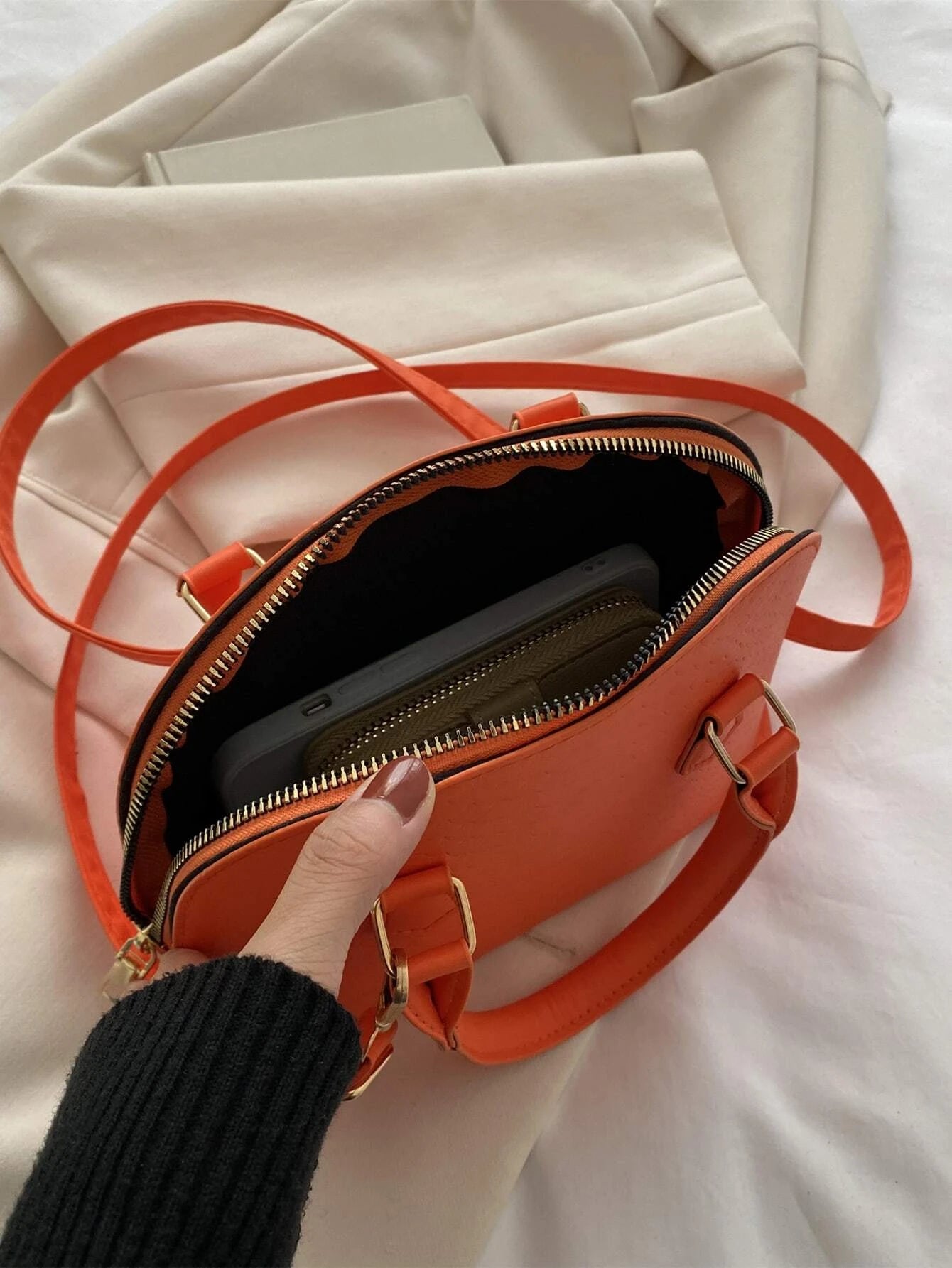 SHEIN Neon Orange Snakeskin Embossed Dome Bag