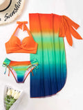 SHEIN Ombre Bikini Set Halter Push Up Bra & Bikini Bottom & Beach Skirt 3 Piece Bathing Suit
