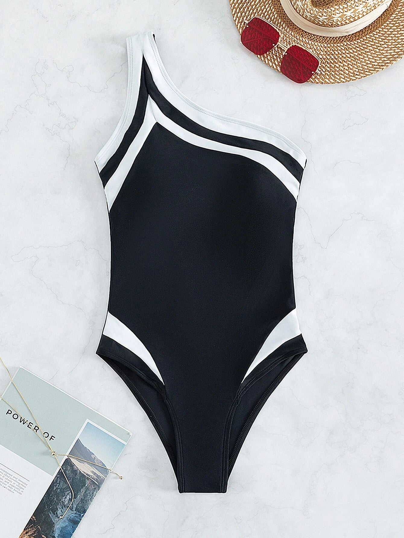 SHEIN Contrast Binding One Shoulder One Piece Swimsuit