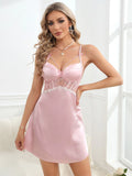 SHEIN Contrast Lace Bow Front Backless Satin Cami Nightdress