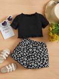 SHEIN Baby Lettuce Trim Tee & Allover Floral Print Shorts