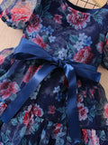 SHEIN Toddler Girls Floral Print Puff Sleeve Ruffle Hem Belted Organza Dress