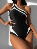 SHEIN Contrast Binding One Shoulder One Piece Swimsuit