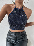 SHEIN BAE 1pc Tie Backless Sequin Halter Top