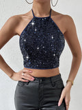 SHEIN BAE 1pc Tie Backless Sequin Halter Top