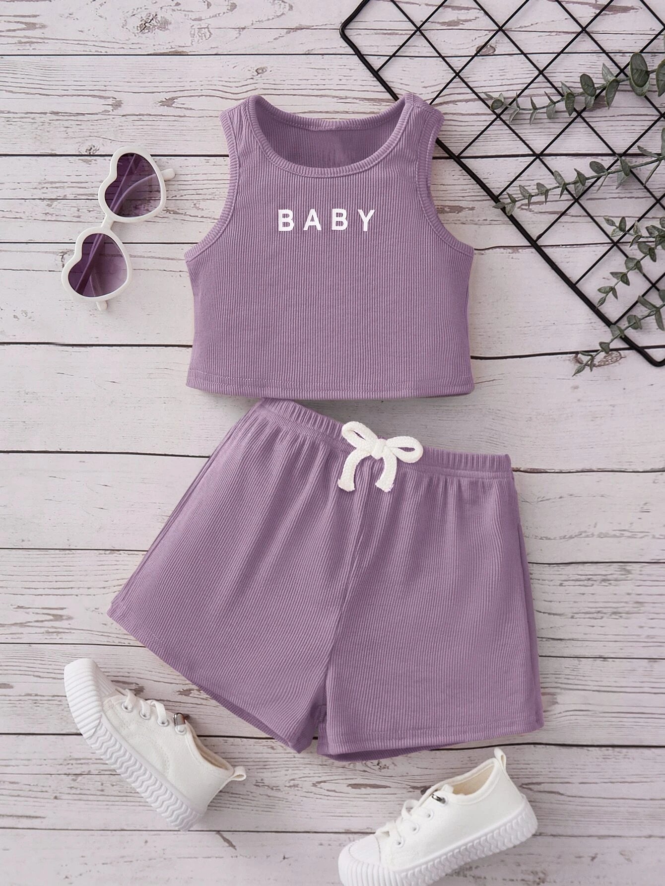 SHEIN Baby Letter Graphic Tank Top & Tie Front Shorts