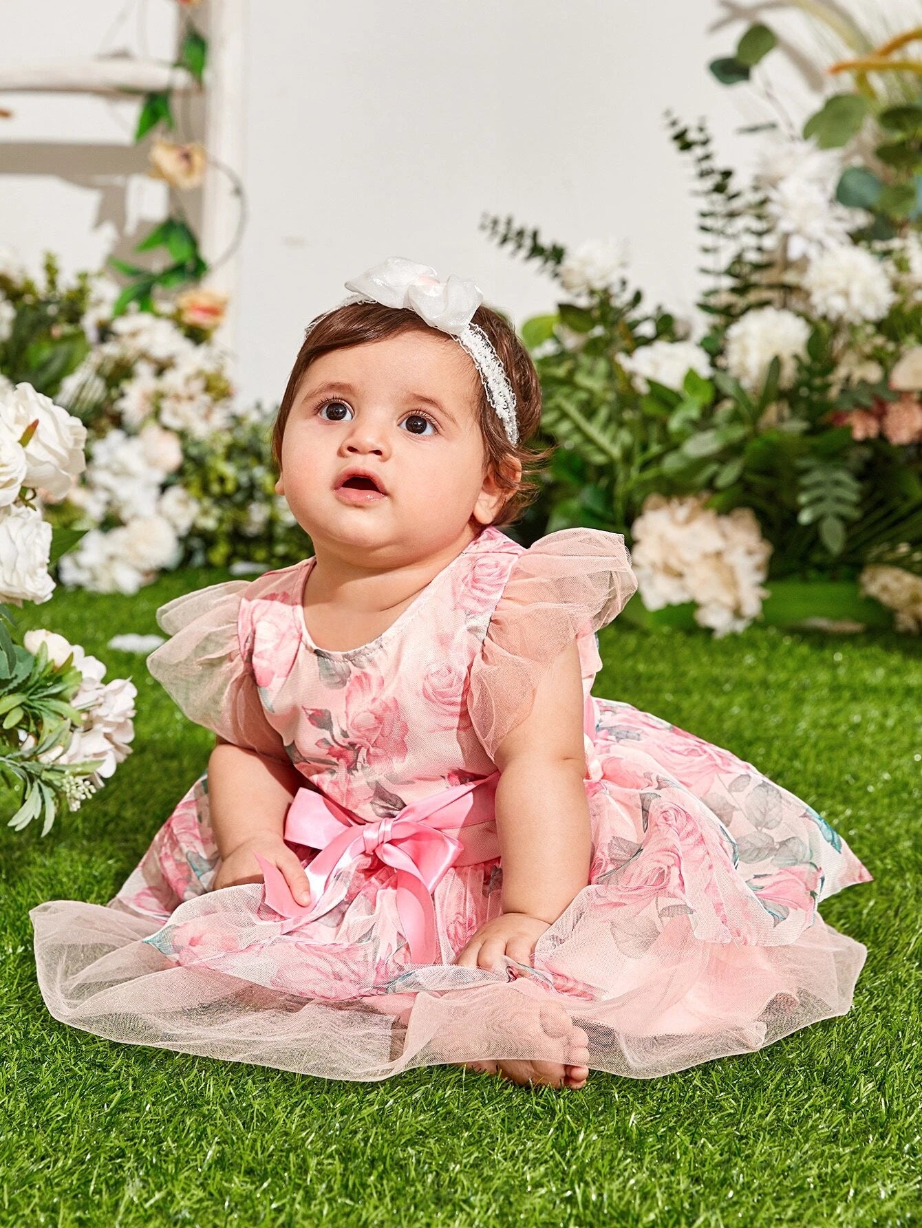 SHEIN Baby Floral Print Mesh Hem Dress