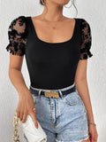 SHEIN Unity Contrast Floral Mesh Puff Sleeve Tee