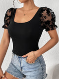 SHEIN Unity Contrast Floral Mesh Puff Sleeve Tee