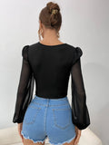 SHEIN Frenchy Contrast Lace Lantern Sleeve Crop Top