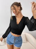 SHEIN Frenchy Contrast Lace Lantern Sleeve Crop Top
