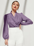 SHEIN Modely Solid Surplice Front Lantern Sleeve Blouse