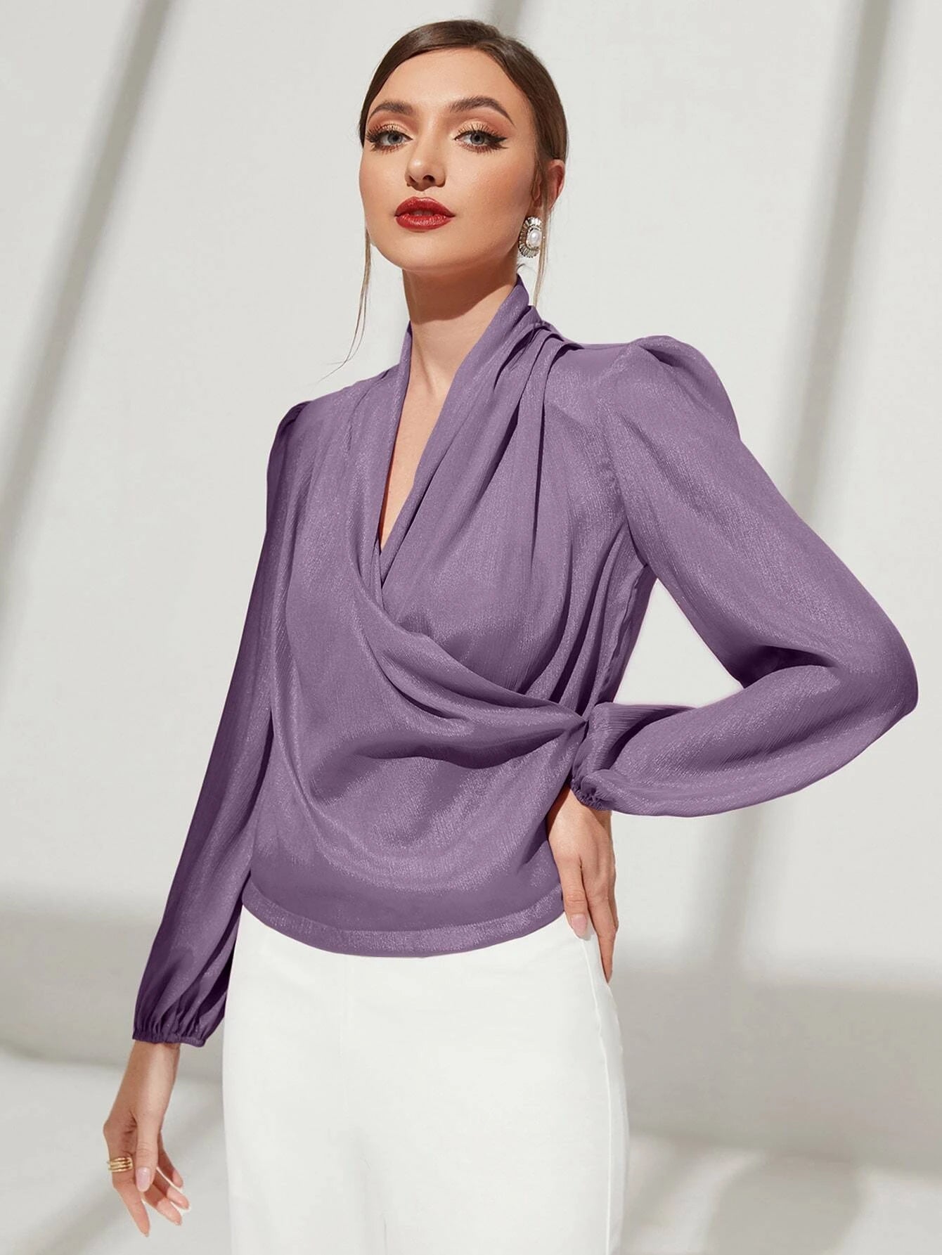 SHEIN Modely Solid Surplice Front Lantern Sleeve Blouse