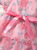 SHEIN Toddler Girls Floral Print Puff Sleeve Ruffle Hem Belted Organza Dress
