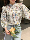 SHEIN DAZY Floral Print Button Front Lantern Sleeve Blouse