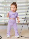 SHEIN Baby Letter Embroidery Lettuce Trim Knot Front Tee & Flare Leg Pants