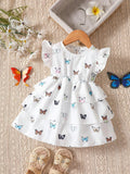 SHEIN Baby Butterfly Print Butterfly Sleeve Layer Ruffle Hem Dress