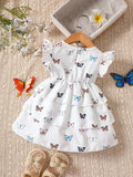SHEIN Baby Butterfly Print Butterfly Sleeve Layer Ruffle Hem Dress