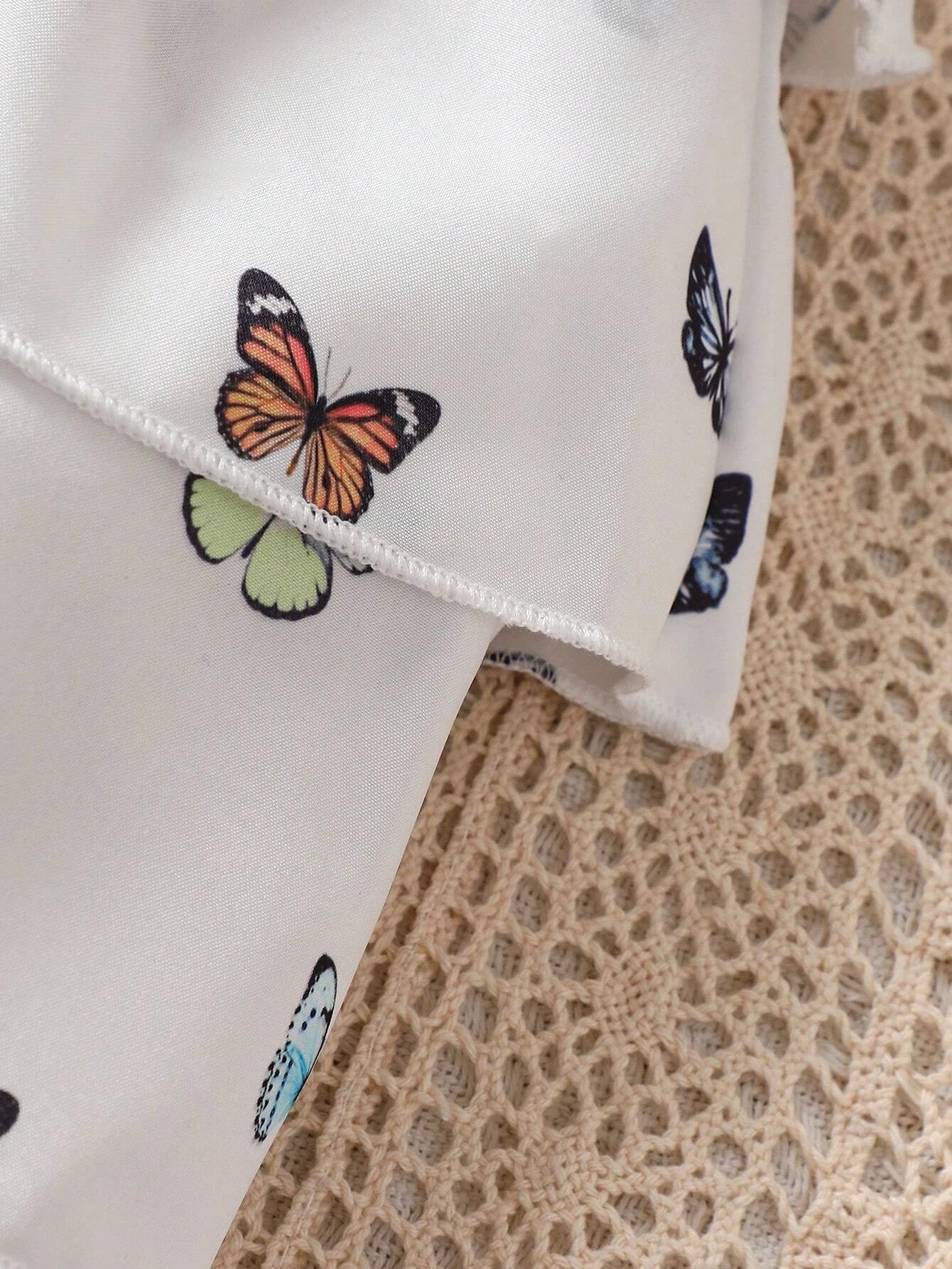 SHEIN Baby Butterfly Print Butterfly Sleeve Layer Ruffle Hem Dress