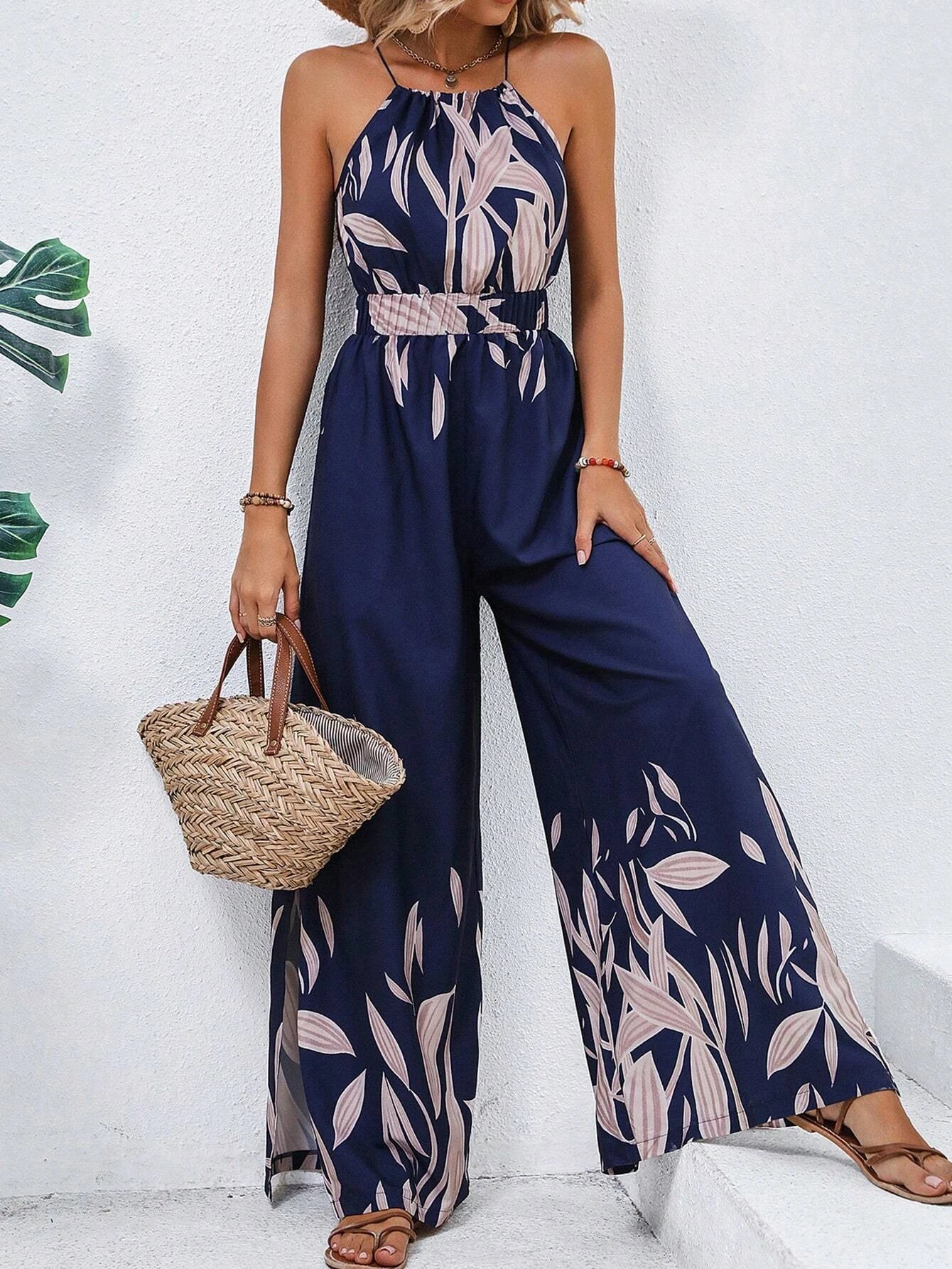 SHEIN VCAY Plants Print Belted Wide Leg Cami Jumpsuit