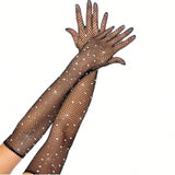 SHEIN 1pair Fishnet Gloves With Star & Rhinestone Decor, Fashionable Elbow Length Sexy Costume Accessory